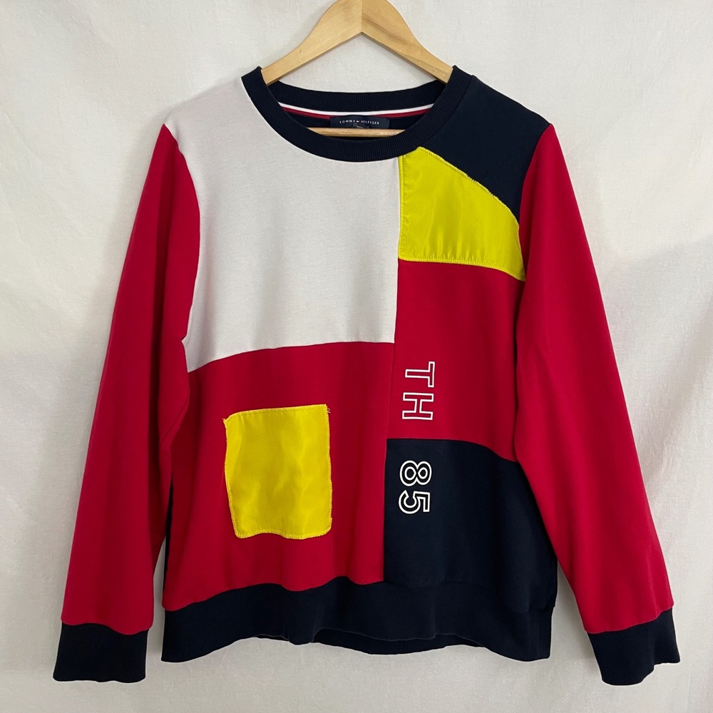 Tommy Hilfiger Color Block Sweatshirt Womens XL TH 85 Crew Neck Pullover Retro
